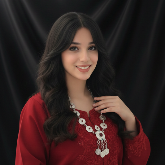 عقد أمازيغي فضي – نقوش بالنقرة مع أحجار ملونة